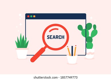minimal cartoon flat style magnifying glass icon with computer window. Vector illustration online Browser search concept.