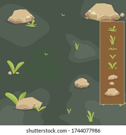 minimal cartoon grass field and rock clip art set