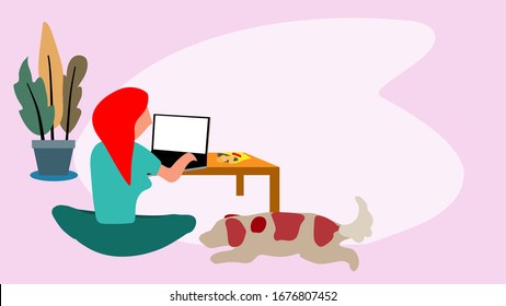 The minimal cartoon illustration picture of a woman working from home. ( vector )