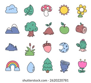 Minimal cartoon outline nature elements including trees, flowers, clouds, leaves, fruit, weather, landscapes, plants, rocks, water and sky
