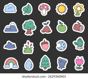 Minimal cartoon outline nature elements including trees, flowers, clouds, leaves, fruit, weather, landscapes, plants, rocks, water and sky