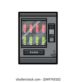 Minimal Cartoon Style Colorful Outline Illustrative Icon Of A Filled Dark Grey Vending Machine With Red And Green Soda Cans