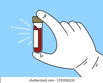 Minimal cartoon vector style illustration of hand holding test tube with blood inside. Concept of medical or science blood testing. Medical gloves, blood tube, blue background.