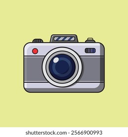 Minimal cartoon-style camera, gray tones, simple design, clean lines, flat vector illustration.