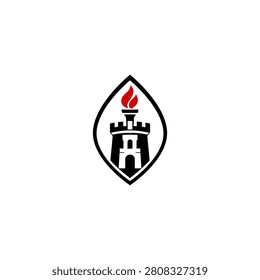 Minimal castle tower logo with torch flame inside shield emblem, black and red vector illustration