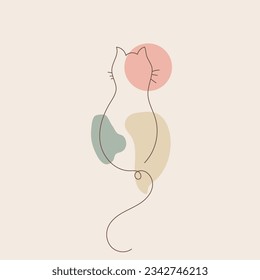 minimal Cat one line drawing art. Abstract pet logo. One line cute cat design silhouette. hand drawn minimalism style. One line drawing style of on pastel view copy space for your text.