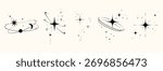 Minimal Celestial Orbit and Star Elements set in Retro Style. Abstract Y2K of star shapes, sparkles, orbit elements for digital design, stickers, branding, posters, logo, emblem, tattoo design. Vector