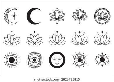 Minimal celestial and spiritual icon pack for meditation yoga and astrology design