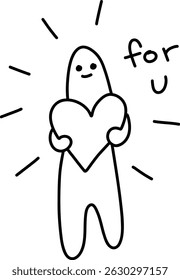 Minimal Character Holding a Heart with For U Text - Cute Love Doodle