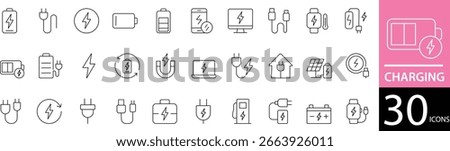Minimal Charging Line Icon Set 30 Clean Outline Symbols for Battery, Power, and Energy Design
