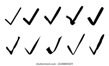 Minimal check mark vector icon collection in flat design style. Perfect for user interface, checklist, confirmation symbol, success message or graphic element.