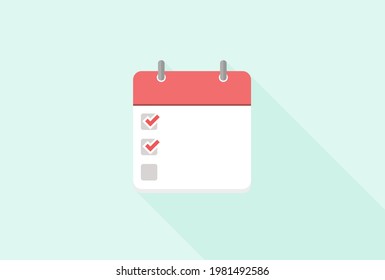 Minimal checklist. Todo memo, shopping list, memo pad with checkmark and square box on a light blue background. Simple and stylish Vector Flat design illustration with long shadow. 