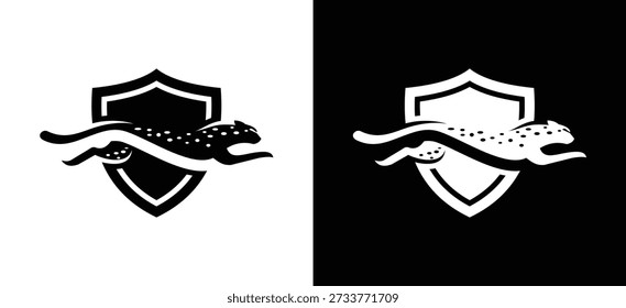 Logotipo mínimo do escudo interno do guepardo que representa a segurança e a força da proteção da velocidade. Adequado para seguros de tecnologia de segurança e marcas de esporte e defesa.