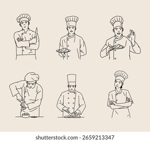 Minimal Chef Line Art Collection. Simple Hand Drawn Cook Character for Food Branding