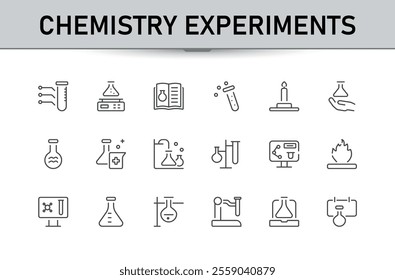 Minimal chemistry lab icons. Related to test tube, beaker, experiment, laboratory equipment symbols. Linear icon collection. Editable stroke. Vector illustration.