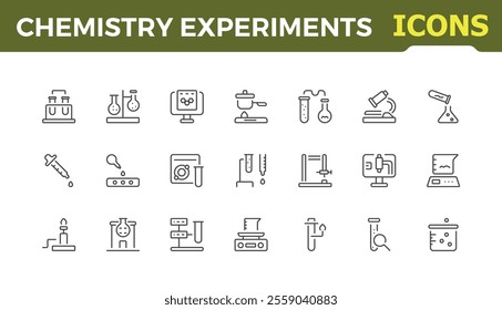 Minimal chemistry lab icons. Related to test tube, beaker, experiment, laboratory equipment symbols. Linear icon collection. Editable stroke. Vector illustration.