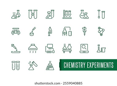 Minimal chemistry lab icons. Related to test tube, beaker, experiment, laboratory equipment symbols. Linear icon collection. Editable stroke. Vector illustration.