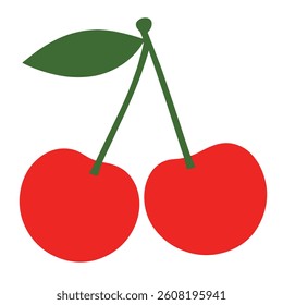 Minimal cherry design featuring two red cherries with green stems and leaf perfect for food and art use