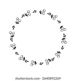 Minimal Cherry Wreath Illustration Hand Drawn Fruit Floral Frame in Line Art