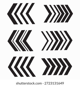 Ícones de seta divisória mínimos definidos para navegação, símbolos direcionais em preto e branco, formas de seta geométrica abstratas para design de interface de usuário, controles de interface de site, elementos infográficos, indicadores para frente e para trás, coleção de seta plana simples de vetor, design de símbolo moderno para aplicações Web e projetos digitais