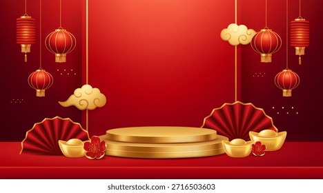 Fondo chino mínimo del año Nuevo con el podio de oro, las linternas rojas y la decoración festiva