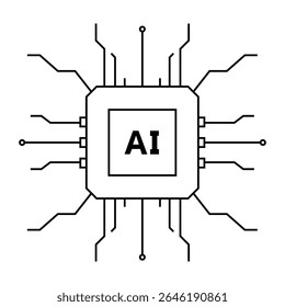 Icono de chip mínimo con texto de IA y líneas de circuito, que simboliza la tecnología de inteligencia artificial. Estilo de Vector de línea simple.