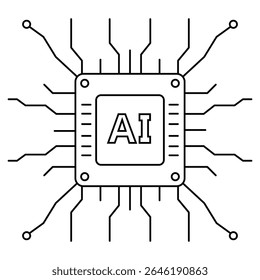 Minimal chip icon with AI text and circuit lines, symbolizing artificial intelligence technology. Simple line vector style.