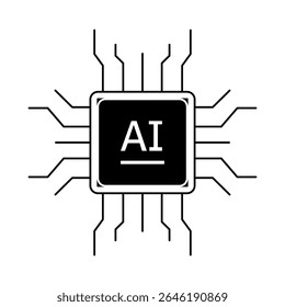 Minimales Chip-Icon mit KI-Text und Schaltkreislinien, das die Technologie der künstlichen Intelligenz symbolisiert. Einfacher Linienvektorstil.