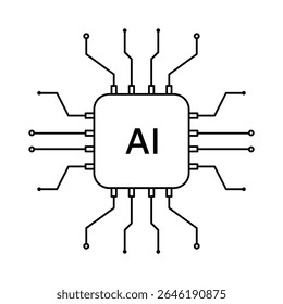 Ícone de chip mínimo com texto de IA e linhas de circuito, simbolizando a tecnologia de inteligência artificial. Estilo de vetor de linha simples.