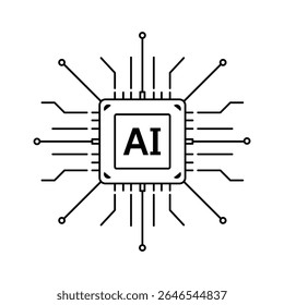 Minimales Chip-Icon mit KI-Text und Schaltkreislinien, das die Technologie der künstlichen Intelligenz symbolisiert. Einfacher Linienvektorstil.