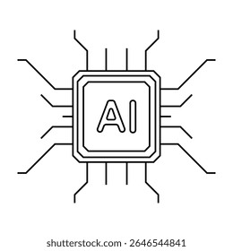 Minimales Chip-Icon mit KI-Text und Schaltkreislinien, das die Technologie der künstlichen Intelligenz symbolisiert. Einfacher Linienvektorstil.