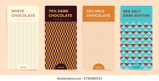Conjunto de diseño de empaque de barra de chocolate mínimo con vainilla, almendra, cáscara de naranja, crujido de caramelo y edición de sal marina. Plantillas de envoltura geométrica retro con motivo de textura sin costuras