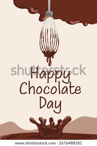 Minimal chocolate poster with dripping glaze, drops and whisk. Vector illustration with Happy Chocolate Day text for sweet celebration design