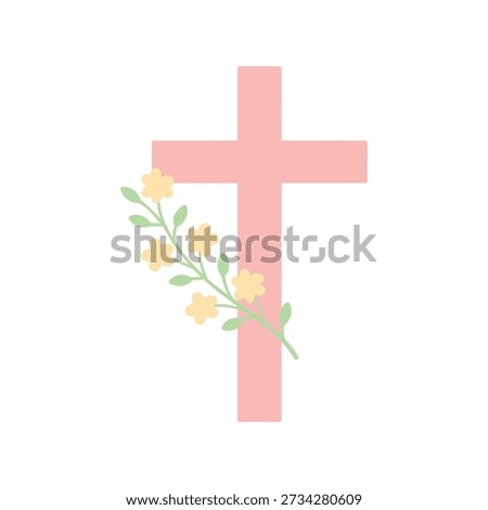 A minimal Christian cross vector with soft pastel colors and a floral branch decoration. Simple and elegant religious symbol representing faith, hope, and spirituality. Ideal for Easter graphics, church materials, Christian designs, inspirational artwork, and religious print projects.