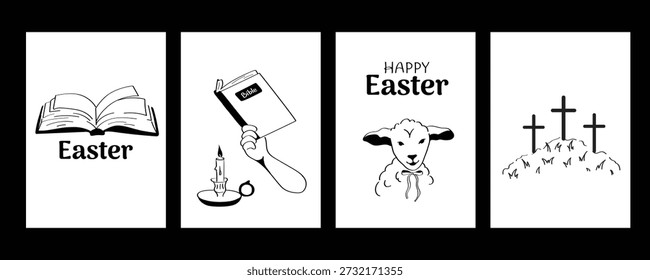 Tarjeta cristiana mínima de Pascua fijada con los símbolos bíblicos, las cruces, el cordero y los Elementos de la Escritura