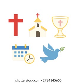Minimal Christian Icon Set featuring a red cross, church building, communion chalice, calendar with clock, and a dove holding an olive branch. Ideal for church materials, worship events, Bible study graphics, Sunday school resources, Christian websites, faith-based social media posts, religious invitations, educational materials, and spiritual design projects. Clean flat vector style perfect for both digital and print use.
