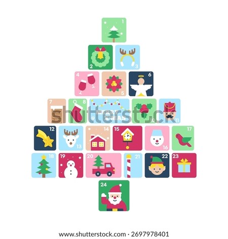 Minimal Christmas Advent Tree Calendar with Pastel Festive Blocks Cute Winter Holiday Icons Vector Illustration