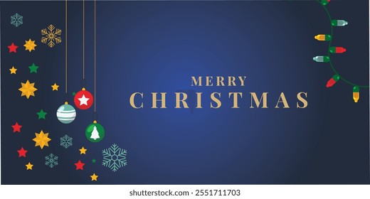 Minimal Christmas Background. Festive design of sparkling lights blue garland, realistic balls baubles. wish you happy merry Christmas holiday celebration art design. eps vector file.