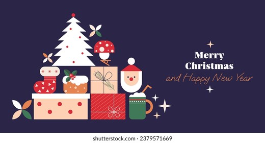 Minimal Christmas background in flat geometric style. Merry Christmas and Happy New year banner template. Simple Xmas backdrop design. Cartoon vector illustration