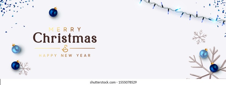 Minimal Christmas banner. Background festive design of sparkling lights blue garland, realistic balls baubles, 3d render silver snowflake. Xmas horizontal poster, greeting cards, header website.