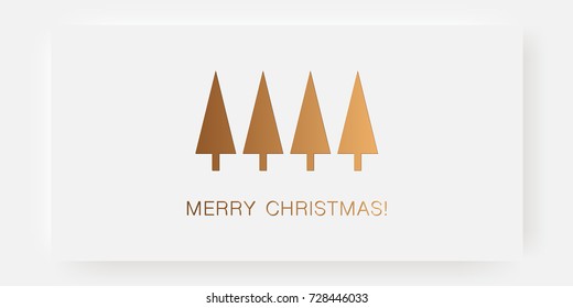 Minimal christmas card design with 4 simple pine tree shapes and text in gold on simple white background. Eps 10 stock vector illustration 