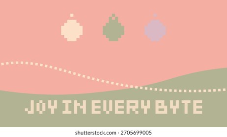 Tarjeta de Navidad mínima con adornos de píxeles, colores pastel y texto digital "Alegría en cada byte" en estilo retro tech.

