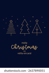 Minimal Christmas Card with Gold Line Trees on Dark Blue Background. Elegant Holiday Greeting