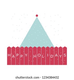 Minimal Christmas Card with Happy Holidays Lettering, Christmas Tree and Snowflakes. Vector Illustration.