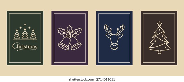 Minimaler Weihnachtskarten-Set-Vektor mit Baum, Glocken und Rentierlinien-Symboldesigns