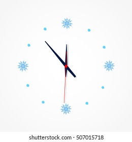 Minimal Christmas Clock Design with blue snowflakes on white background. Clock Icon. Time is Ticking Concept. Time icon flat vector.  Time icon application.  Vector illustration