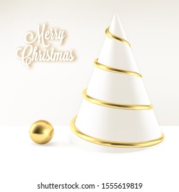 Minimal christmas greeting card - 3d render style minimal vector design with white and gold elements