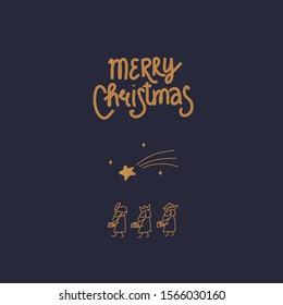 Minimal Christmas greeting card with childlike loose hand drawing of 3 wise men with gifts  and a star. Hand lettering Merry Christmas.