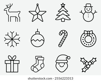 Minimal Christmas Icon Set. Christmas Icon Bundle Vector Illustration. Merry Christmas All Elements Symbol Line Art.