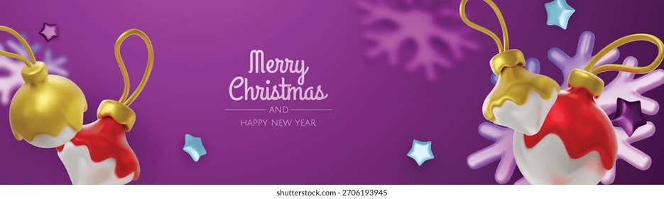 Minimal Christmas layout featuring gold ornaments, stars and snowflakes, ideal for holiday cards, banners and festive branding